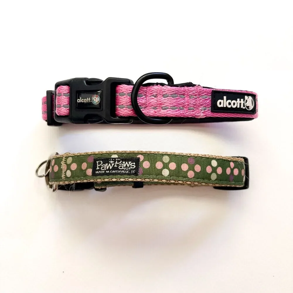 Dog Collars Lot of 2 Girl Adjustable Small Medium Reflective Stripes Polka Dots